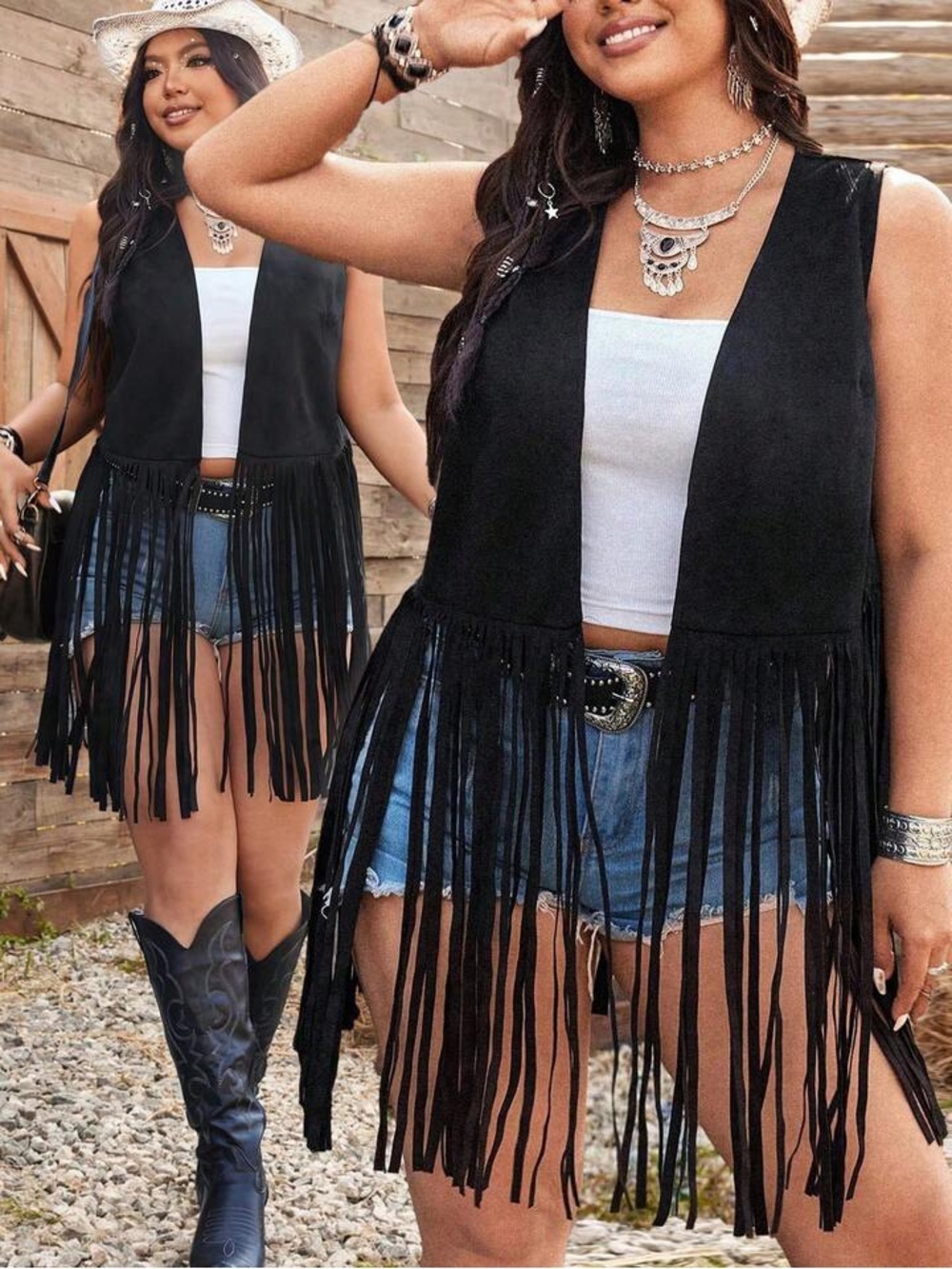 Black Fringe Suede Vest tassel festival boho sleeveless women